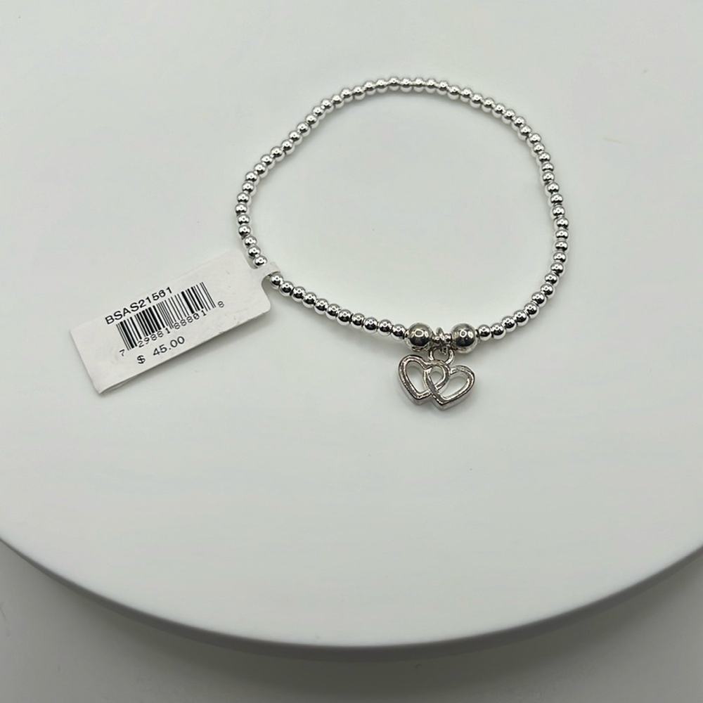Bead Double Heart Charm Bracelet in Silver Plate 6 1/2” 6.5 inches - Picture 3 of 4